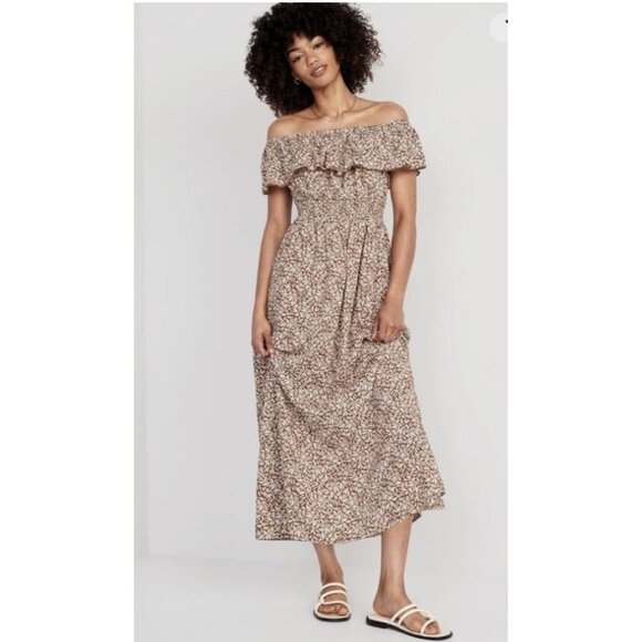 Old Navy 3X Brown White Ruffle Maxi Dress Geometric Beachy Boho Bohemian - Picture 1 of 7